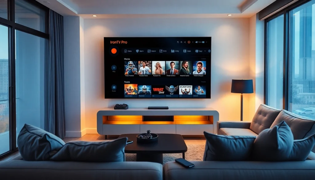 Iron TV Pro streaming interface displayed on a Smart TV in a modern living room.