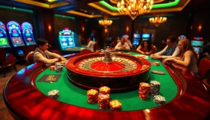 Players enjoying high-stakes games at QH88's luxurious casino table with vibrant chips and cards.