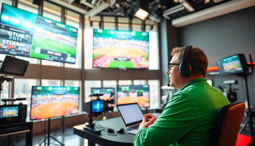Sports Broadcasting setup with live game displays and a commentator in a vibrant studio.