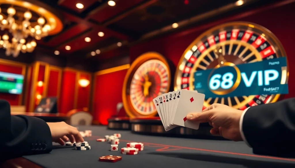 Experience the thrill of betting at 68VIP's luxurious casino, featuring elegant tables and vibrant gaming elements.