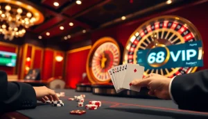 Experience the thrill of betting at 68VIP's luxurious casino, featuring elegant tables and vibrant gaming elements.