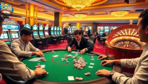 Experience thrilling poker gameplay at a CM88-themed casino table amid vibrant gaming elements.