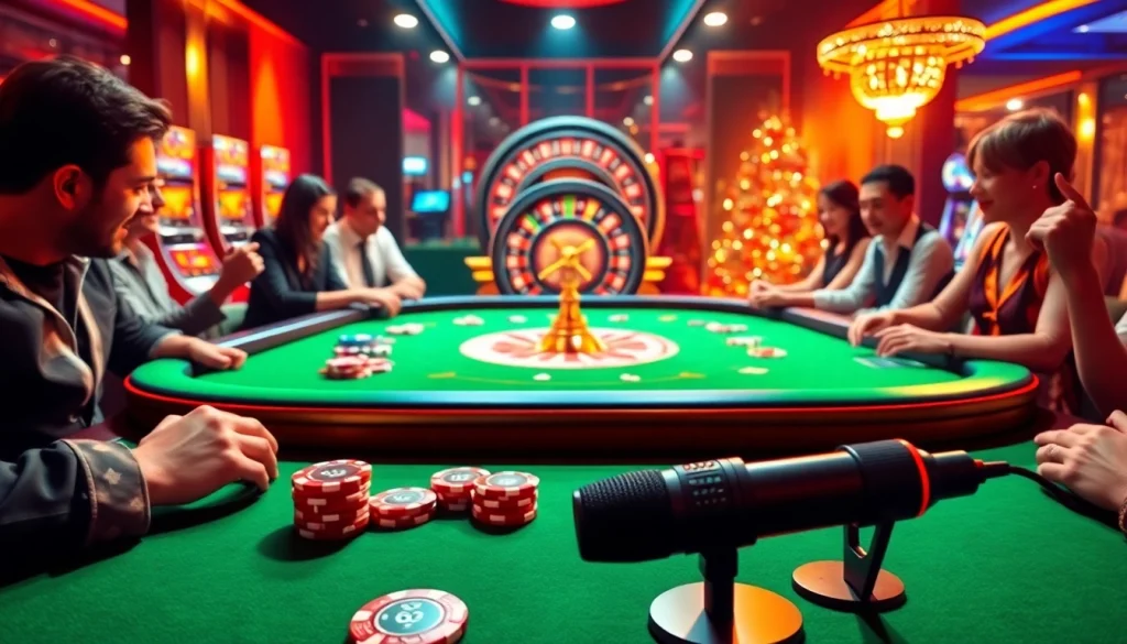 Experience the thrilling atmosphere of a casino with CM88 gaming elements, lively players, and vibrant poker chips.