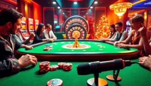 Experience the thrilling atmosphere of a casino with CM88 gaming elements, lively players, and vibrant poker chips.