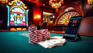 Experience the excitement of CM88 at a glamorous casino with vivid cards and vibrant slots.