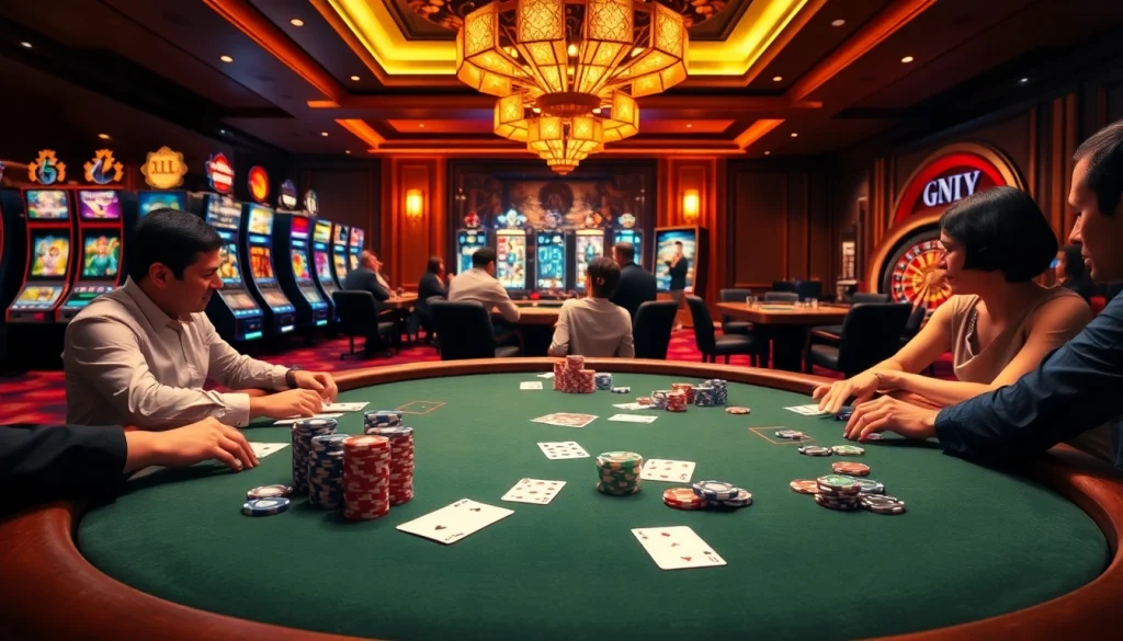 A lively casino atmosphere showcasing intense poker action, featuring the trusted platform https://68vip.bz/ with vibrant details.